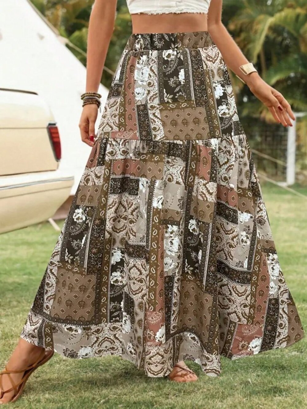 Khaki Casual Women's Patchwork Print Skirt - Picture 2 of 3